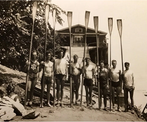 Teammates in front of the Century Club Boathouse. The club slogan was 
